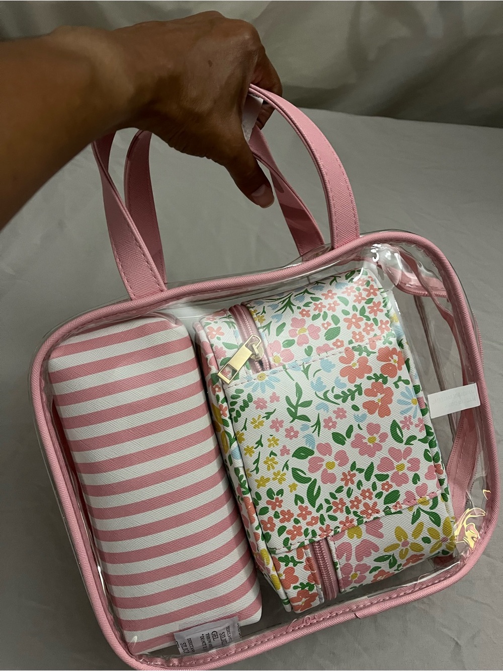 Pink Clear Tote with Floral & Striped Pouches